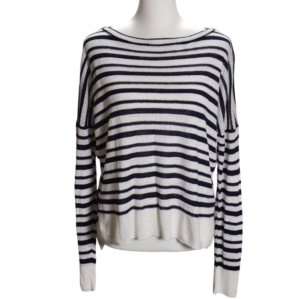 Cynthia‎ Rowley Striped Preppy Casual Linen Cozy Spring Sweater Navy White Beach